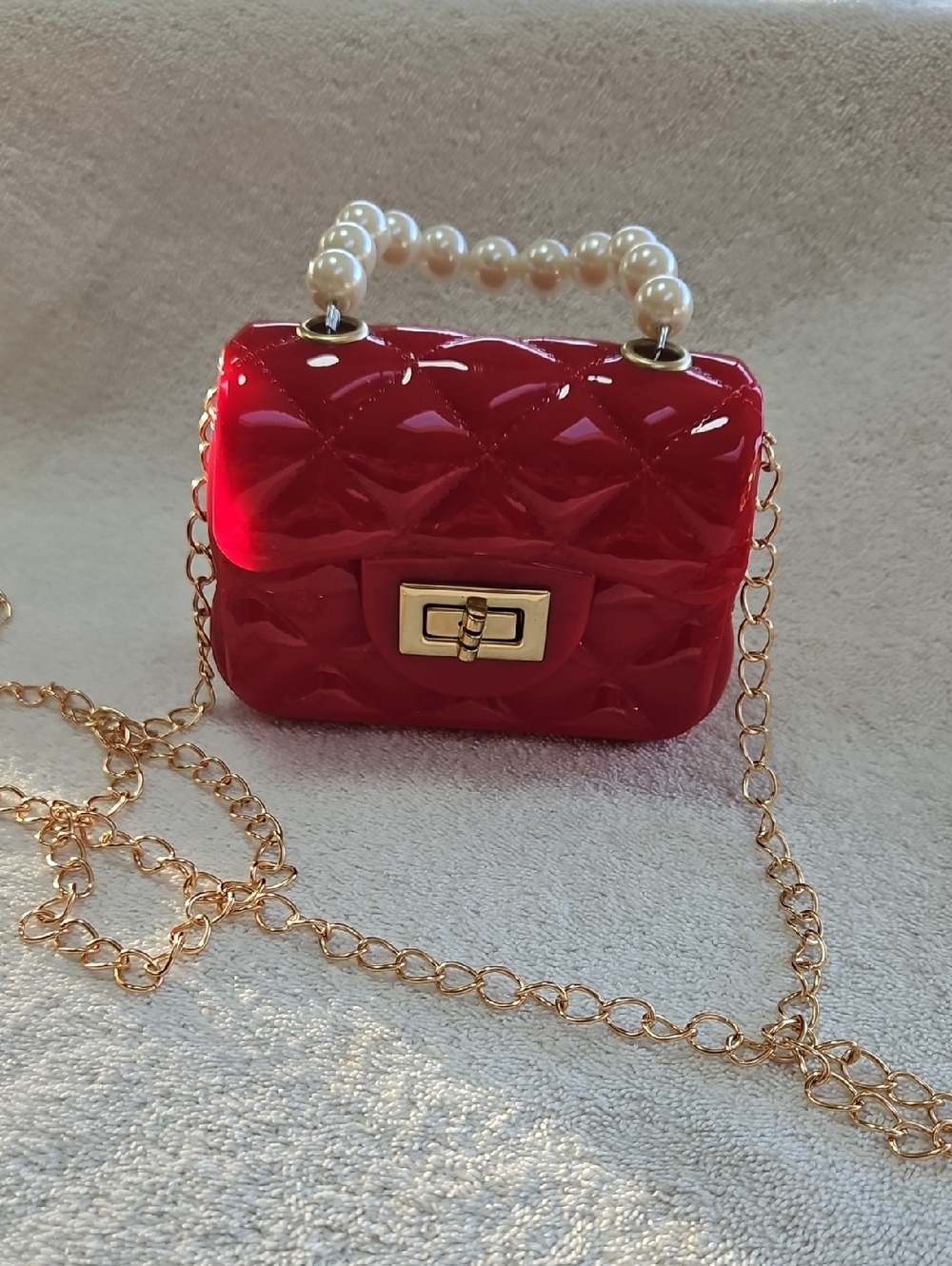 Mini Jelly Belly Red Pearl-Handle Quilted Plastic Crossbody Bag